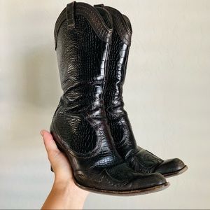 Stuart Weitzman Preston Crocodile Print Western Style Mid Calf Leather Boot